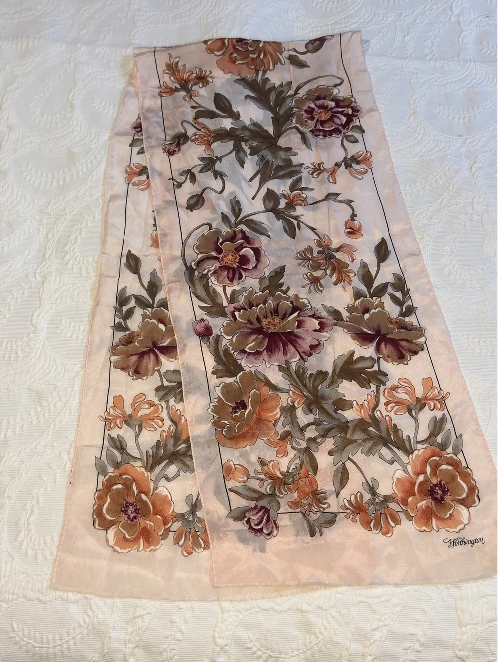 Vintage Worthington Floral Scarf Peach Burgundy Botanical Silky Long Neck Scarf